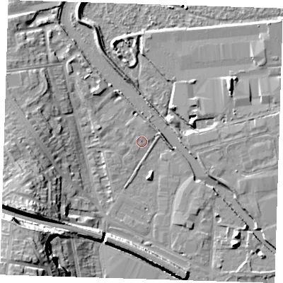 Shaded relief map of the ground around DA12TJ, computed from Environment Agency LiDAR. The ground here sits at about 4 m above sea level and falls 26 m across the surrounding 800 m. Surface water reaching this point runs off ground lying to the west, 7.5 m higher.