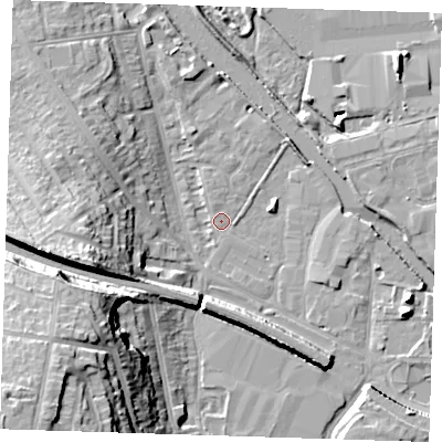 Shaded relief map of the ground around DA12TQ, computed from Environment Agency LiDAR. The ground here sits at about 3 m above sea level and falls 28 m across the surrounding 800 m. Surface water reaching this point runs off ground lying to the south-west, 26.3 m higher.