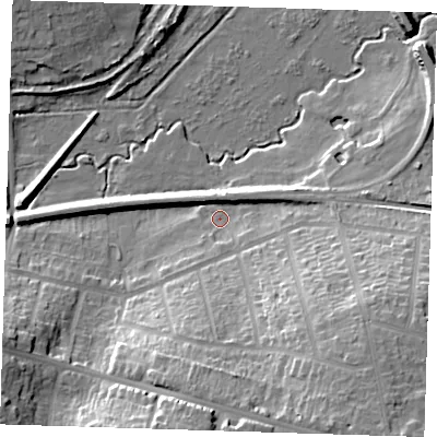 Shaded relief map of the ground around DA13DB, computed from Environment Agency LiDAR. The ground here sits at about 6 m above sea level and falls 25 m across the surrounding 800 m. Surface water reaching this point runs off ground lying to the south-east, 21.2 m higher.