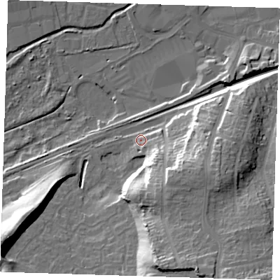Shaded relief map of the ground around DA13PY, computed from Environment Agency LiDAR. The ground here sits at about 11 m above sea level and falls 32 m across the surrounding 800 m. Surface water reaching this point runs off ground lying to the south-east, 20.0 m higher.