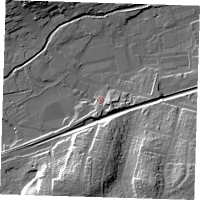 Shaded relief map of the ground around DA13QA, computed from Environment Agency LiDAR. The ground here sits at about 8 m above sea level and falls 28 m across the surrounding 800 m. Surface water reaching this point runs off ground lying to the south-east, 5.3 m higher.