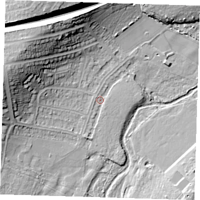 Shaded relief map of the ground around DA144PU, computed from Environment Agency LiDAR. The ground here sits at about 19 m above sea level and falls 27 m across the surrounding 800 m. Surface water reaching this point runs off ground lying to the west-north-west, 21.5 m higher.