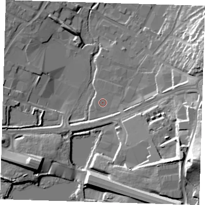 Shaded relief map of the ground around DA145AB, computed from Environment Agency LiDAR. The ground here sits at about 28 m above sea level and falls 33 m across the surrounding 800 m. Surface water reaching this point runs off ground lying to the east-south-east, 0.6 m higher.