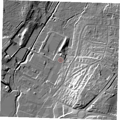 Shaded relief map of the ground around DA145AE, computed from Environment Agency LiDAR. The ground here sits at about 25 m above sea level and falls 23 m across the surrounding 800 m. Surface water reaching this point runs off ground lying to the south-south-east, 1.7 m higher.