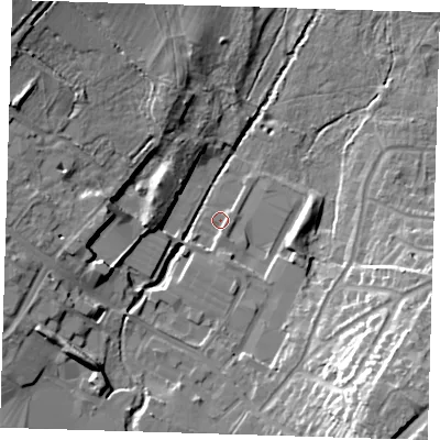 Shaded relief map of the ground around DA145AG, computed from Environment Agency LiDAR. The ground here sits at about 23 m above sea level and falls 23 m across the surrounding 800 m. Surface water reaching this point runs off ground lying to the east-south-east, 1.3 m higher.