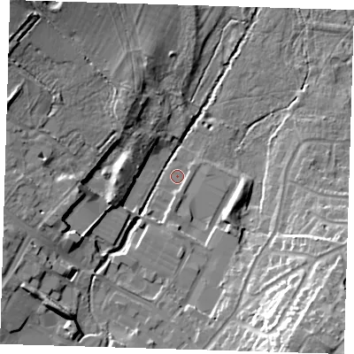 Shaded relief map of the ground around DA145AQ, computed from Environment Agency LiDAR. The ground here sits at about 23 m above sea level and falls 23 m across the surrounding 800 m. Surface water reaching this point runs off ground lying to the south-east, 1.0 m higher.