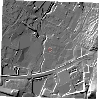 Shaded relief map of the ground around DA145BH, computed from Environment Agency LiDAR. The ground here sits at about 28 m above sea level and falls 36 m across the surrounding 800 m. Surface water reaching this point runs off ground lying to the north-north-west, 0.8 m higher.