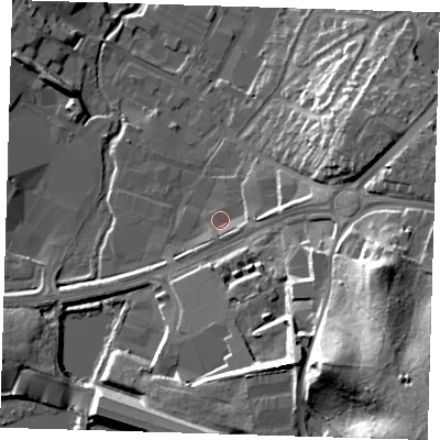 Shaded relief map of the ground around DA145BL, computed from Environment Agency LiDAR. The ground here sits at about 28 m above sea level and falls 38 m across the surrounding 800 m. Surface water reaching this point runs off ground lying to the east, 8.7 m higher.