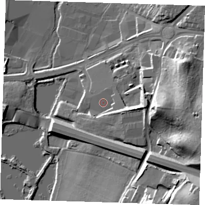 Shaded relief map of the ground around DA145BN, computed from Environment Agency LiDAR. The ground here sits at about 35 m above sea level and falls 38 m across the surrounding 800 m. Surface water reaching this point runs off ground lying to the east-south-east, 9.1 m higher.