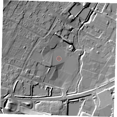 Shaded relief map of the ground around DA145DF, computed from Environment Agency LiDAR. The ground here sits at about 28 m above sea level and falls 17 m across the surrounding 800 m. Surface water reaching this point runs off ground lying to the west, 3.8 m higher.