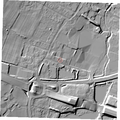 Shaded relief map of the ground around DA145DT, computed from Environment Agency LiDAR. The ground here sits at about 32 m above sea level and falls 19 m across the surrounding 800 m. Surface water reaching this point runs off ground lying to the west-south-west, 5.1 m higher.