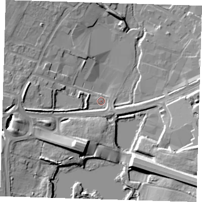 Shaded relief map of the ground around DA145FA, computed from Environment Agency LiDAR. The ground here sits at about 29 m above sea level and falls 20 m across the surrounding 800 m. Surface water reaching this point runs off ground lying to the west, 9.3 m higher.