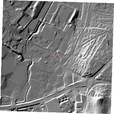 Shaded relief map of the ground around DA145HB, computed from Environment Agency LiDAR. The ground here sits at about 26 m above sea level and falls 32 m across the surrounding 800 m. Surface water reaching this point runs off ground lying to the south-east, 27.7 m higher.