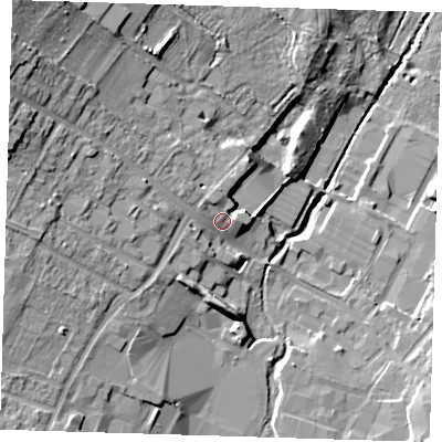 Shaded relief map of the ground around DA145HJ, computed from Environment Agency LiDAR. The ground here sits at about 30 m above sea level and falls 21 m across the surrounding 800 m. Surface water reaching this point runs off ground lying to the west-north-west, 9.4 m higher.