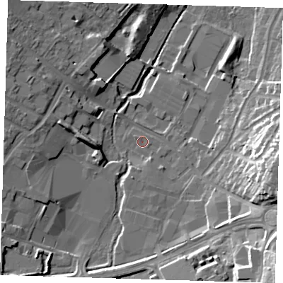 Shaded relief map of the ground around DA145HP, computed from Environment Agency LiDAR. The ground here sits at about 26 m above sea level and falls 23 m across the surrounding 800 m. Surface water reaching this point runs off ground lying to the south-south-west, 2.9 m higher.