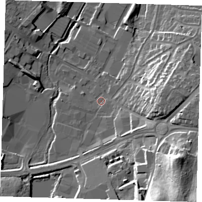 Shaded relief map of the ground around DA145HS, computed from Environment Agency LiDAR. The ground here sits at about 27 m above sea level and falls 35 m across the surrounding 800 m. Surface water reaching this point runs off ground lying to the south-south-east, 30.3 m higher.