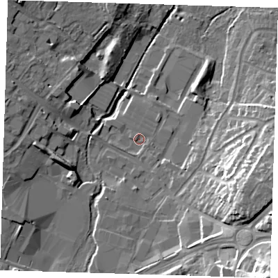 Shaded relief map of the ground around DA145HU, computed from Environment Agency LiDAR. The ground here sits at about 25 m above sea level and falls 32 m across the surrounding 800 m. Surface water reaching this point runs off ground lying to the south-east, 28.4 m higher.
