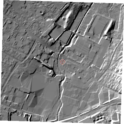 Shaded relief map of the ground around DA145HZ, computed from Environment Agency LiDAR. The ground here sits at about 26 m above sea level and falls 18 m across the surrounding 800 m. Surface water reaching this point runs off ground lying to the west, 8.3 m higher.