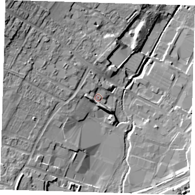Shaded relief map of the ground around DA145PA, computed from Environment Agency LiDAR. The ground here sits at about 29 m above sea level and falls 20 m across the surrounding 800 m. Surface water reaching this point runs off ground lying to the west, 3.9 m higher.