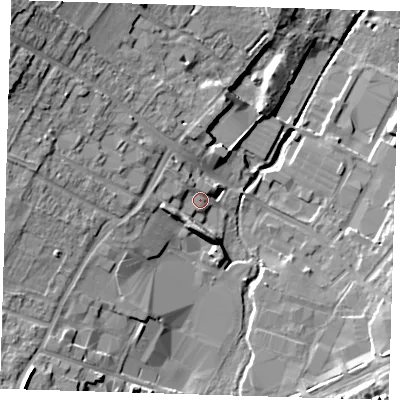Shaded relief map of the ground around DA145PD, computed from Environment Agency LiDAR. The ground here sits at about 29 m above sea level and falls 19 m across the surrounding 800 m. Surface water reaching this point runs off ground lying to the west-south-west, 3.5 m higher.
