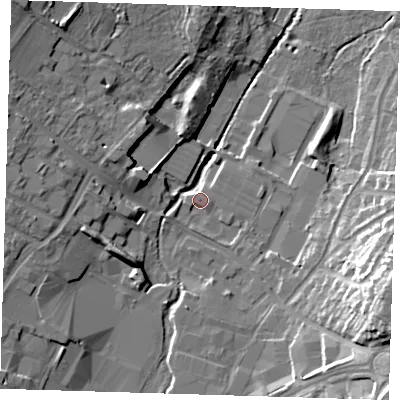 Shaded relief map of the ground around DA145TA, computed from Environment Agency LiDAR. The ground here sits at about 25 m above sea level and falls 21 m across the surrounding 800 m. Surface water reaching this point runs off ground lying to the east-south-east, 20.2 m higher.
