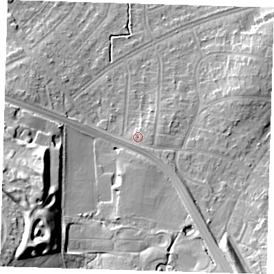 Shaded relief map of the ground around DA146QG, computed from Environment Agency LiDAR. The ground here sits at about 47 m above sea level and falls 25 m across the surrounding 800 m. Surface water reaching this point runs off ground lying to the south-east, 1.5 m higher.
