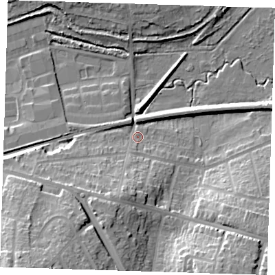 Shaded relief map of the ground around DA14AG, computed from Environment Agency LiDAR. The ground here sits at about 6 m above sea level and falls 28 m across the surrounding 800 m. Surface water reaching this point runs off ground lying to the south-south-west, 13.7 m higher.