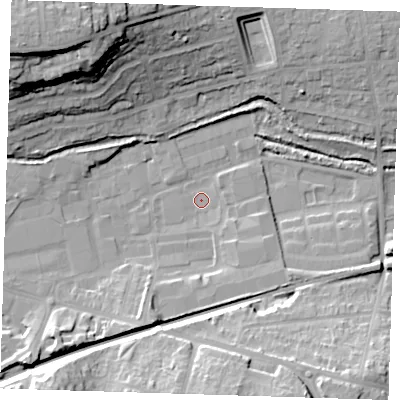 Shaded relief map of the ground around DA14AL, computed from Environment Agency LiDAR. The ground here sits at about 4 m above sea level and falls 30 m across the surrounding 800 m. Surface water reaching this point runs off ground lying to the south-south-west, 7.6 m higher.