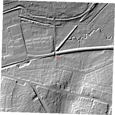 Shaded relief map of the ground around DA14AQ, computed from Environment Agency LiDAR. The ground here sits at about 6 m above sea level and falls 27 m across the surrounding 800 m. Surface water reaching this point runs off ground lying to the south-south-east, 23.9 m higher.