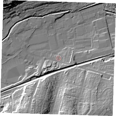 Shaded relief map of the ground around DA14AS, computed from Environment Agency LiDAR. The ground here sits at about 7 m above sea level and falls 28 m across the surrounding 800 m. Surface water reaching this point runs off ground lying to the east-south-east, 4.7 m higher.