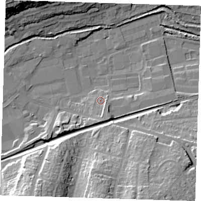 Shaded relief map of the ground around DA14BA, computed from Environment Agency LiDAR. The ground here sits at about 7 m above sea level and falls 27 m across the surrounding 800 m. Surface water reaching this point runs off ground lying to the south, 4.7 m higher.