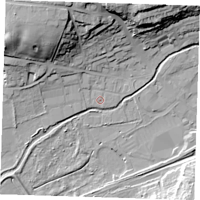 Shaded relief map of the ground around DA14BB, computed from Environment Agency LiDAR. The ground here sits at about 8 m above sea level and falls 30 m across the surrounding 800 m. Surface water reaching this point runs off ground lying to the north-north-west, 26.5 m higher.