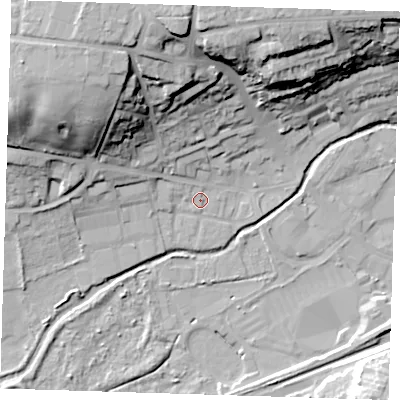 Shaded relief map of the ground around DA14BE, computed from Environment Agency LiDAR. The ground here sits at about 8 m above sea level and falls 31 m across the surrounding 800 m. Surface water reaching this point runs off ground lying to the west-north-west, 2.3 m higher.