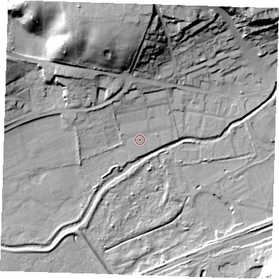 Shaded relief map of the ground around DA14BF, computed from Environment Agency LiDAR. The ground here sits at about 8 m above sea level and falls 29 m across the surrounding 800 m. Surface water reaching this point runs off ground lying to the north, 25.5 m higher.