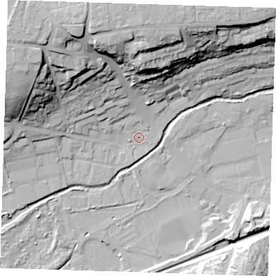Shaded relief map of the ground around DA14BH, computed from Environment Agency LiDAR. The ground here sits at about 7 m above sea level and falls 32 m across the surrounding 800 m. Surface water reaching this point runs off ground lying to the north-west, 27.8 m higher.