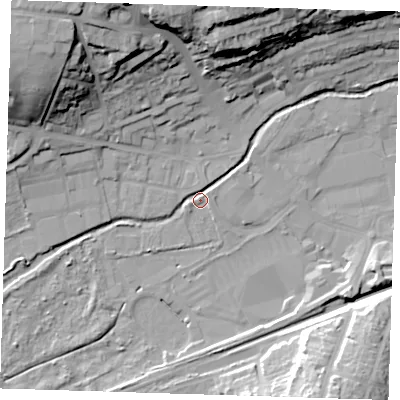 Shaded relief map of the ground around DA14BQ, computed from Environment Agency LiDAR. The ground here sits at about 7 m above sea level and falls 30 m across the surrounding 800 m. Surface water reaching this point runs off ground lying to the north-west, 28.2 m higher.