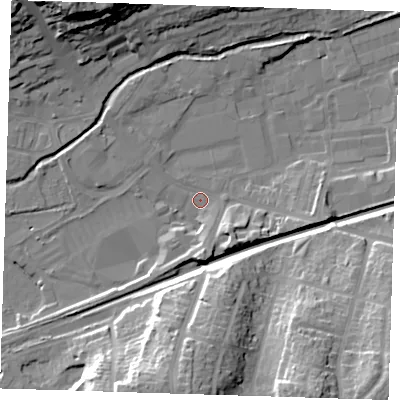 Shaded relief map of the ground around DA14ER, computed from Environment Agency LiDAR. The ground here sits at about 5 m above sea level and falls 28 m across the surrounding 800 m. Surface water reaching this point runs off ground lying to the south, 8.4 m higher.