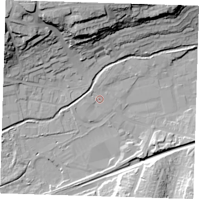 Shaded relief map of the ground around DA14ES, computed from Environment Agency LiDAR. The ground here sits at about 6 m above sea level and falls 32 m across the surrounding 800 m. Surface water reaching this point runs off ground lying to the west-south-west, 1.9 m higher.
