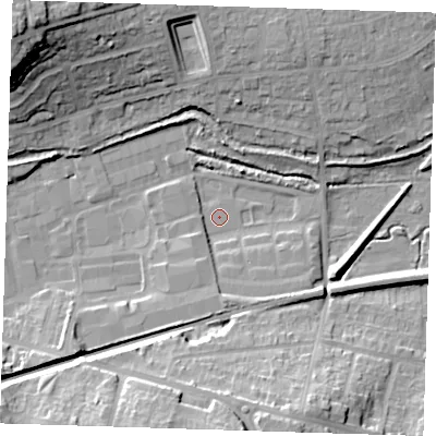 Shaded relief map of the ground around DA14FA, computed from Environment Agency LiDAR. The ground here sits at about 3 m above sea level and falls 28 m across the surrounding 800 m. Surface water reaching this point runs off ground lying to the south, 5.6 m higher.