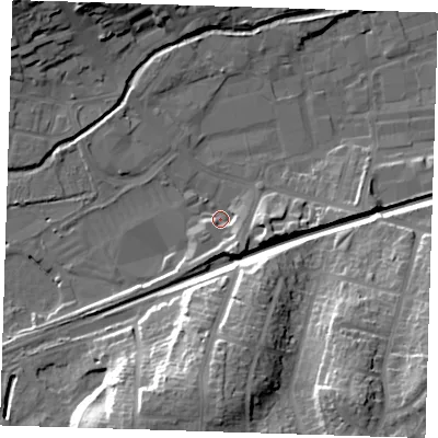 Shaded relief map of the ground around DA14FH, computed from Environment Agency LiDAR. The ground here sits at about 6 m above sea level and falls 28 m across the surrounding 800 m. Surface water reaching this point runs off ground lying to the south-south-east, 8.3 m higher.