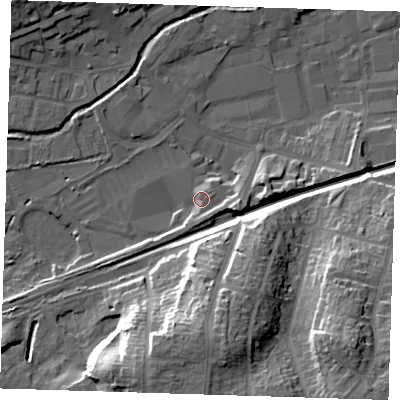 Shaded relief map of the ground around DA14FJ, computed from Environment Agency LiDAR. The ground here sits at about 8 m above sea level and falls 27 m across the surrounding 800 m. Surface water reaching this point runs off ground lying to the east-south-east, 6.2 m higher.