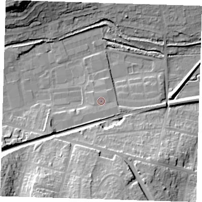 Shaded relief map of the ground around DA14FL, computed from Environment Agency LiDAR. The ground here sits at about 7 m above sea level and falls 26 m across the surrounding 800 m. Surface water reaching this point runs off ground lying to the south-south-east, 0.8 m higher.