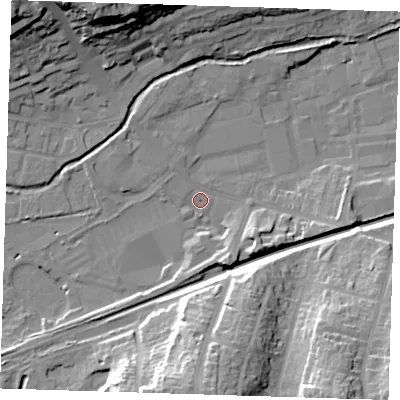 Shaded relief map of the ground around DA14FN, computed from Environment Agency LiDAR. The ground here sits at about 5 m above sea level and falls 27 m across the surrounding 800 m. Surface water reaching this point runs off ground lying to the south-south-east, 8.4 m higher.