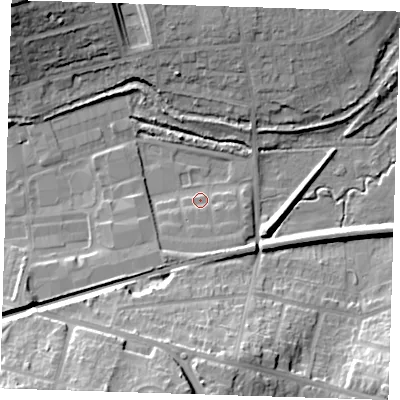 Shaded relief map of the ground around DA14FP, computed from Environment Agency LiDAR. The ground here sits at about 5 m above sea level and falls 22 m across the surrounding 800 m. Surface water reaching this point runs off ground lying to the south, 2.9 m higher.