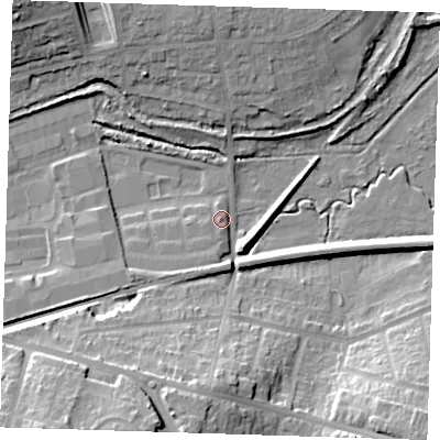 Shaded relief map of the ground around DA14FQ, computed from Environment Agency LiDAR. The ground here sits at about 5 m above sea level and falls 22 m across the surrounding 800 m. Surface water reaching this point runs off ground lying to the north, 9.7 m higher.