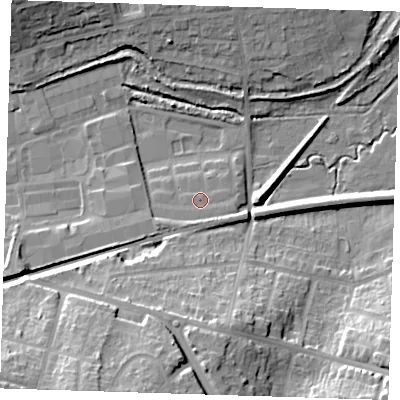 Shaded relief map of the ground around DA14FR, computed from Environment Agency LiDAR. The ground here sits at about 6 m above sea level and falls 24 m across the surrounding 800 m. Surface water reaching this point runs off ground lying to the south-south-east, 2.1 m higher.