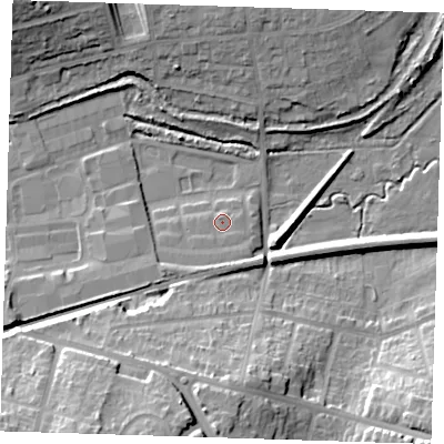 Shaded relief map of the ground around DA14FS, computed from Environment Agency LiDAR. The ground here sits at about 5 m above sea level and falls 22 m across the surrounding 800 m. Surface water reaching this point runs off ground lying to the south, 1.6 m higher.