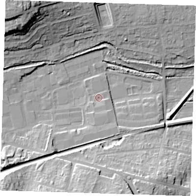 Shaded relief map of the ground around DA14FT, computed from Environment Agency LiDAR. The ground here sits at about 5 m above sea level and falls 30 m across the surrounding 800 m. Surface water reaching this point runs off ground lying to the south-south-east, 1.9 m higher.