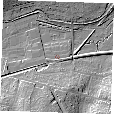 Shaded relief map of the ground around DA14FW, computed from Environment Agency LiDAR. The ground here sits at about 6 m above sea level and falls 25 m across the surrounding 800 m. Surface water reaching this point runs off ground lying to the east-south-east, 2.1 m higher.