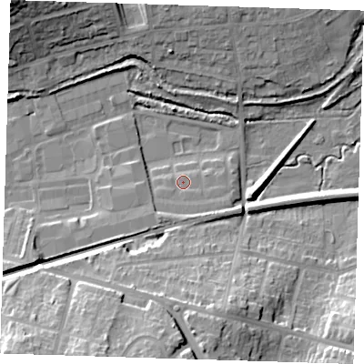Shaded relief map of the ground around DA14FX, computed from Environment Agency LiDAR. The ground here sits at about 5 m above sea level and falls 23 m across the surrounding 800 m. Surface water reaching this point runs off ground lying to the south-east, 3.4 m higher.
